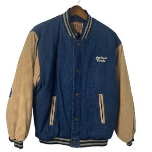 Basic denim varsity jacket with corduroy sleeves.